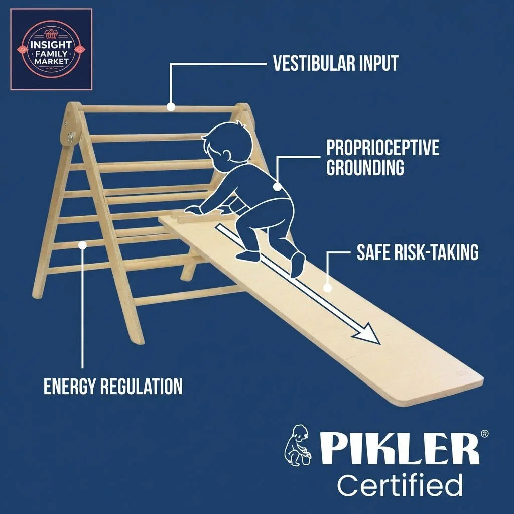 Child on a Pikler triangle climber with slide, labeled for vestibular input, proprioceptive grounding, energy regulation, and safe risk-taking.