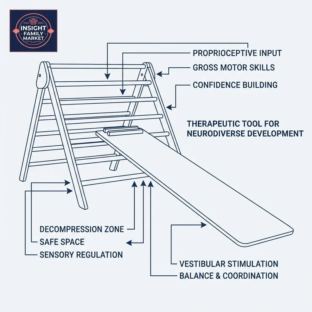 Diagram of Pikler triangle with slide, highlighting sensory regulation, motor skills, and neurodiverse support features.