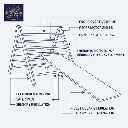 Diagram of Pikler triangle with slide, highlighting sensory regulation, motor skills, and neurodiverse support features.
