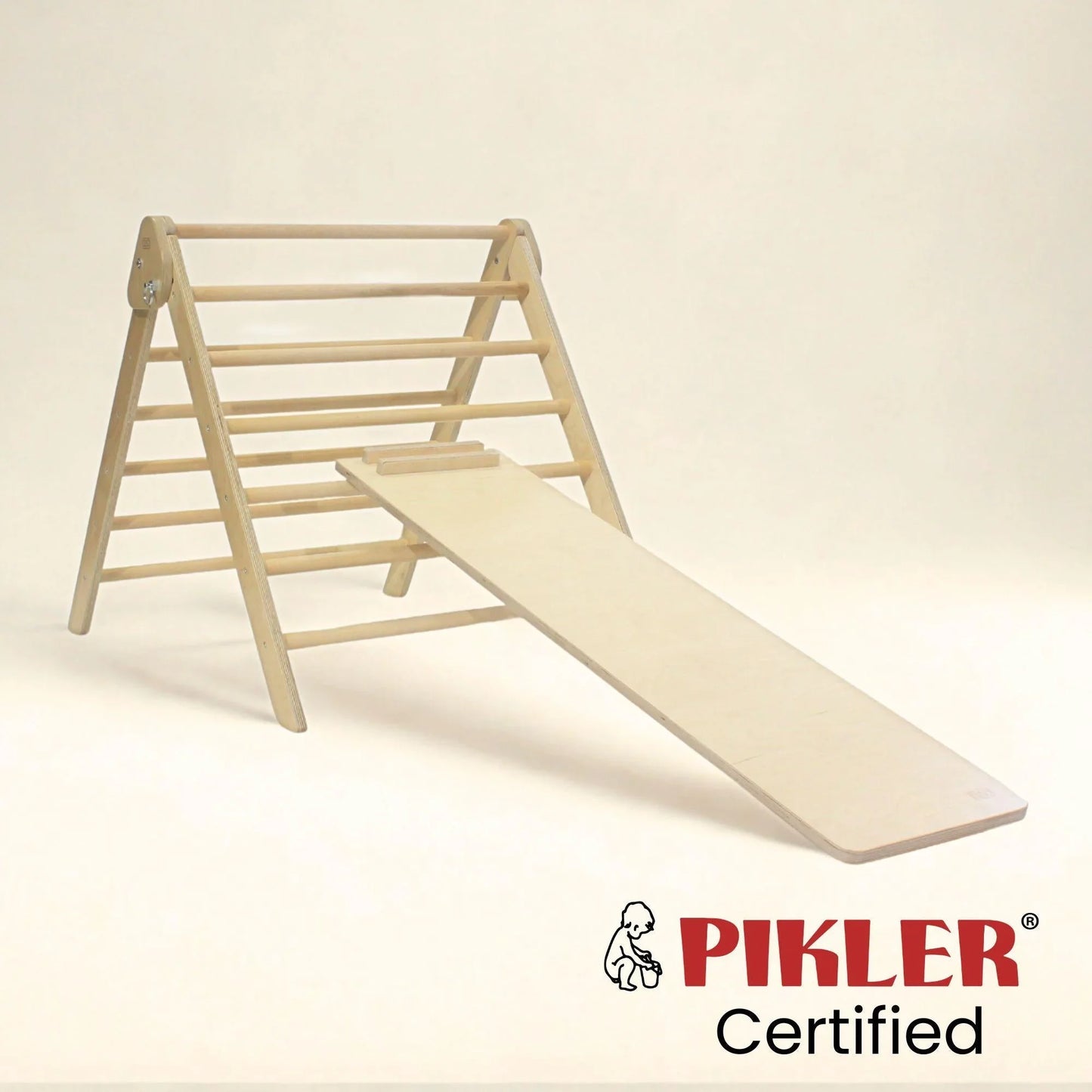 Wooden Pikler triangle climbing set with ramp for sensory and motor skill development