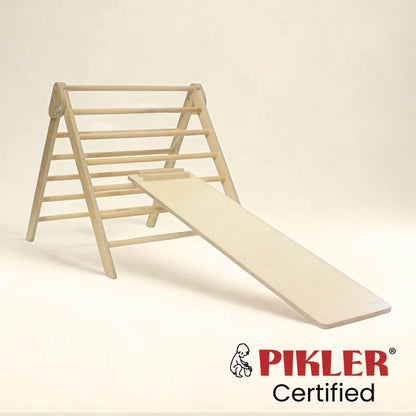 Wooden Pikler triangle climbing set with ramp for sensory and motor skill development
