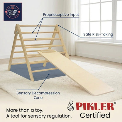 Wooden Pikler triangle climbing set with ramp for sensory input, risk-taking and regulation.