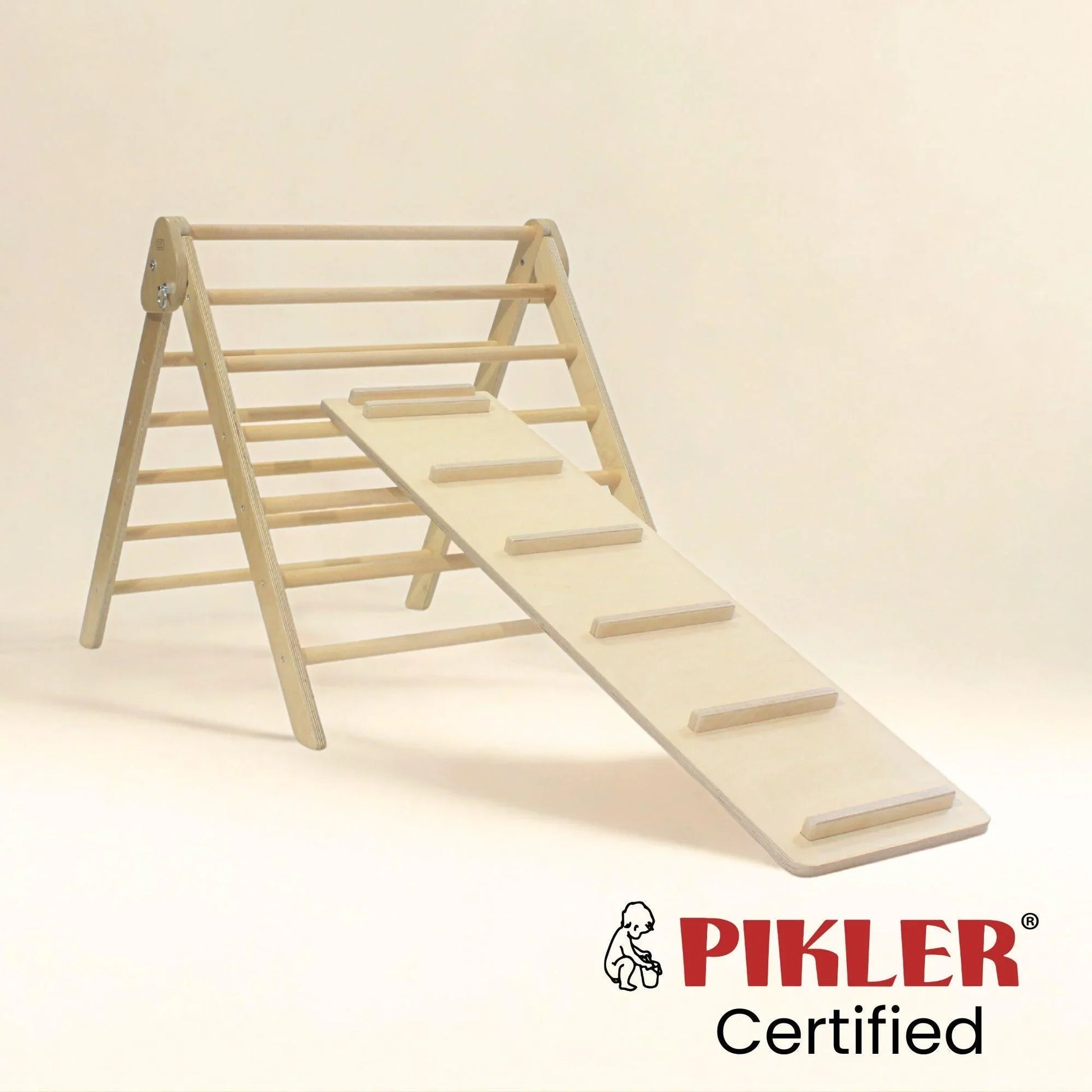 Wooden Pikler triangle climbing set with ramp for sensory play and motor skill development
