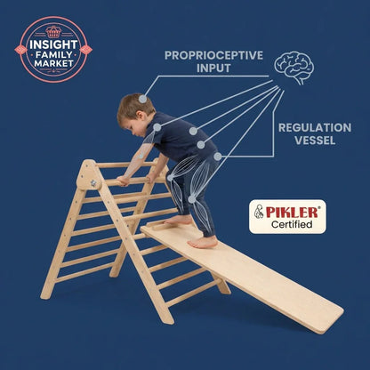 Young child climbing Pikler triangle with ramp, sensory input and regulation graphics on blue background.