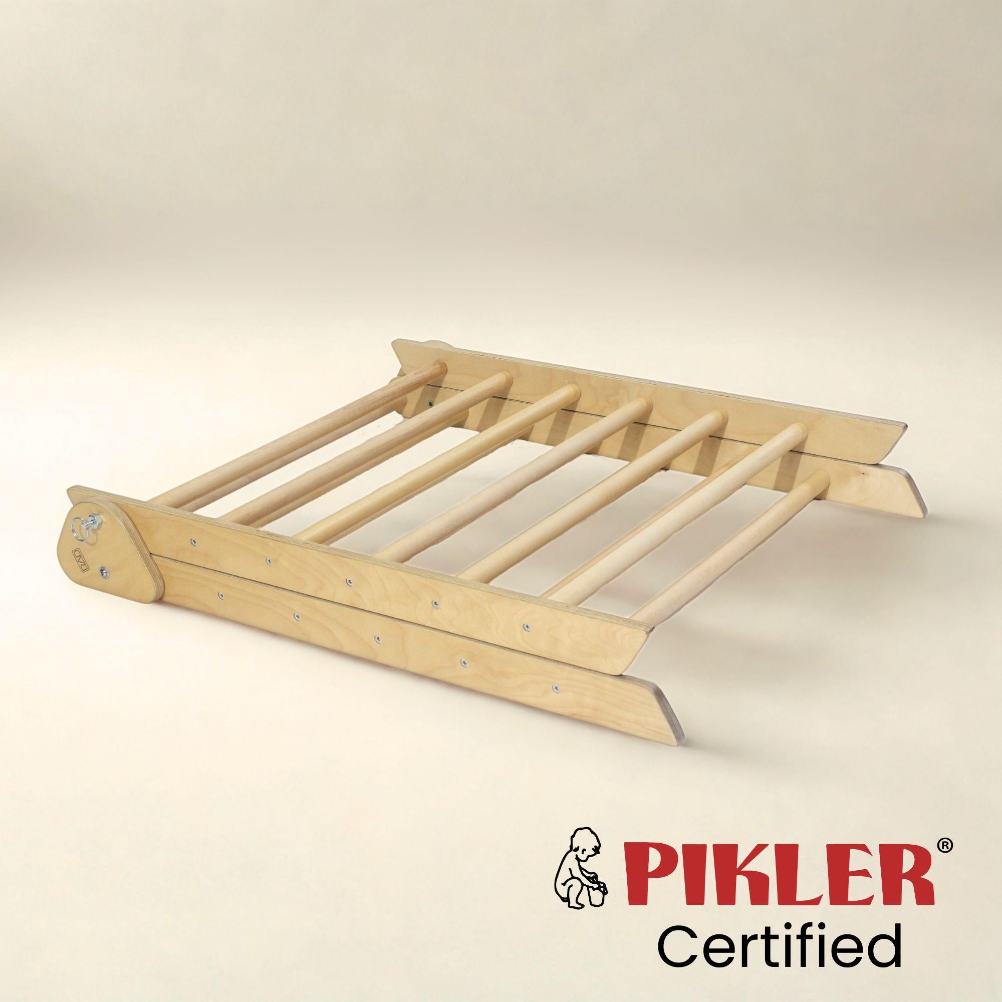 Wooden playpen with Pikler Certified logo on a beige background
