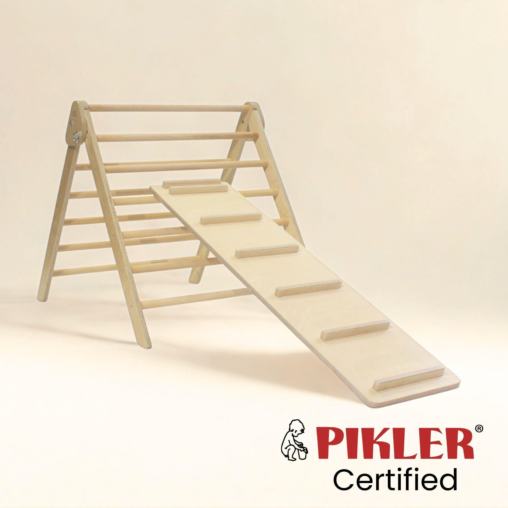 Wooden climbing toy with slide, Pikler Certified logo on a beige background