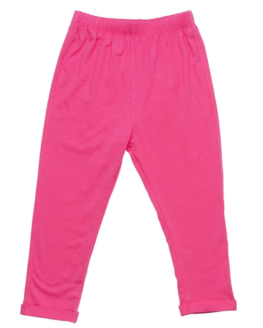 Pink sensory-friendly kids pants with elastic waistband, front view on white background