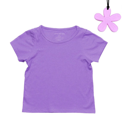 Purple sensory-friendly short sleeve tee with flower-shaped chewable necklace