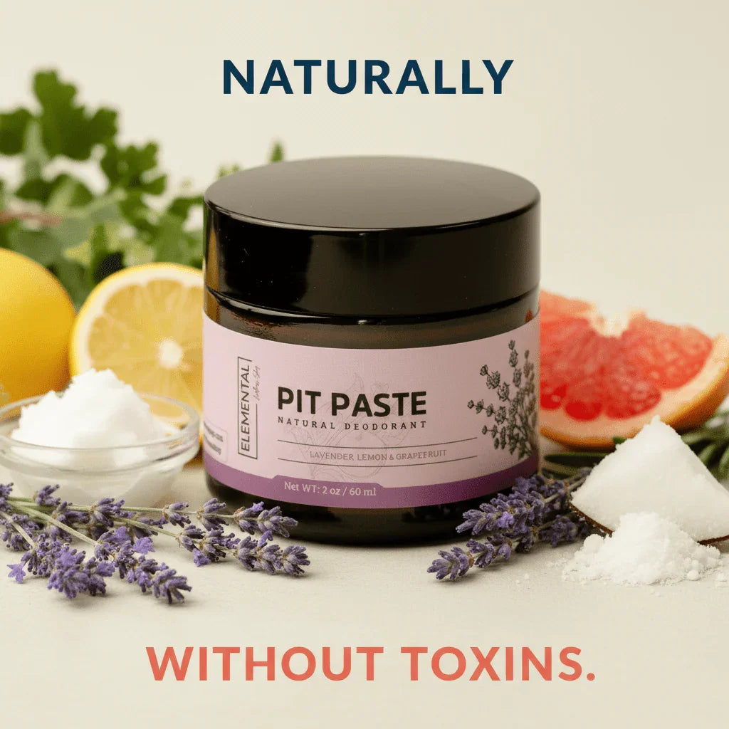 Natural deodorant pit paste jar with lavender, lemon, grapefruit, and coconut on table