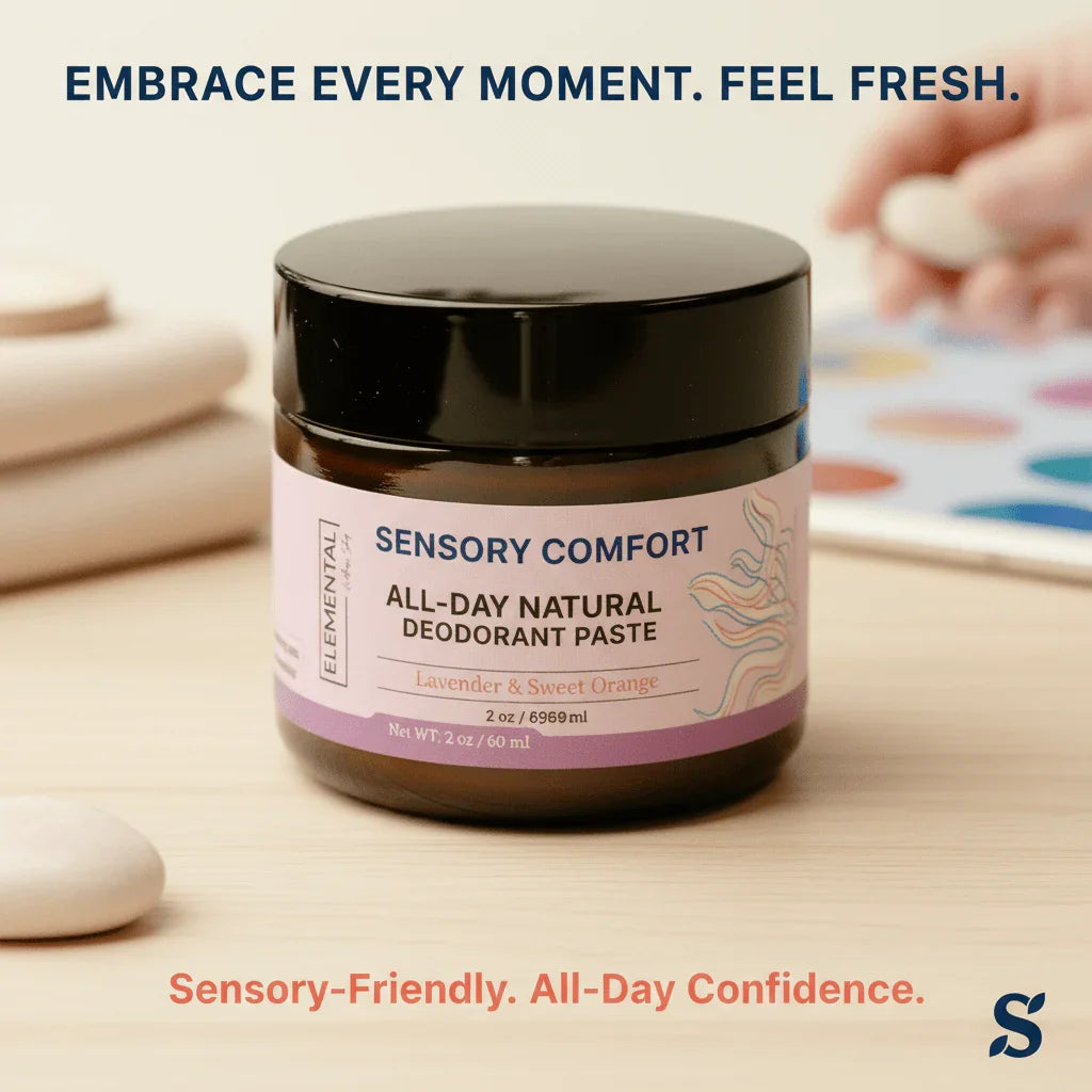 Sensory Comfort all-day natural deodorant paste jar on table, lavender sweet orange scent, sensory-friendly.