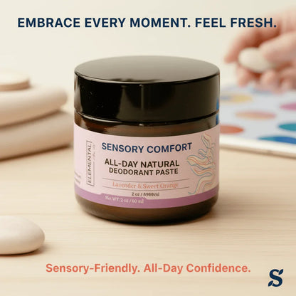 Sensory Comfort all-day natural deodorant paste jar on table, lavender sweet orange scent, sensory-friendly.