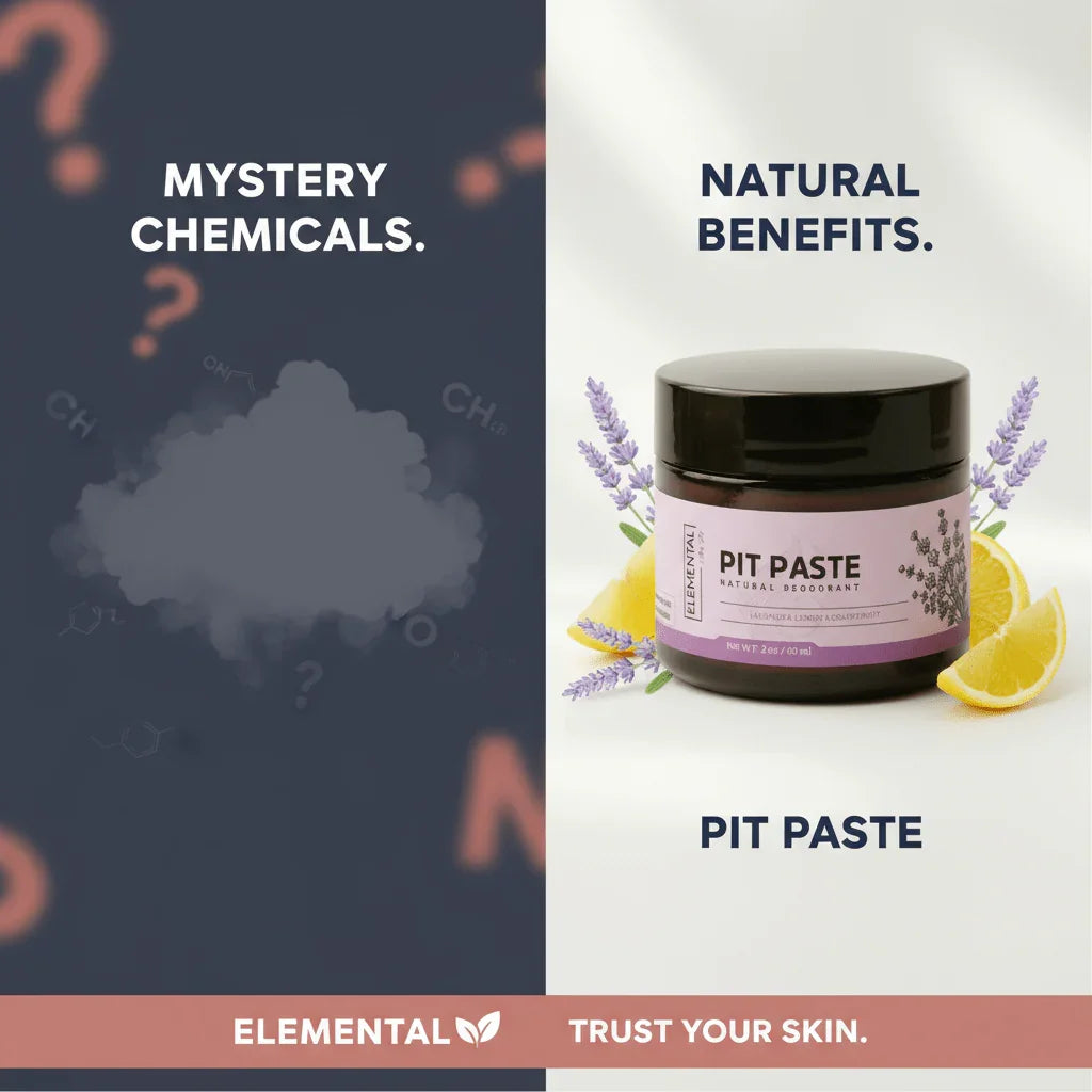 Natural deodorant pit paste jar with lavender and lemon, highlighting clean skincare benefits