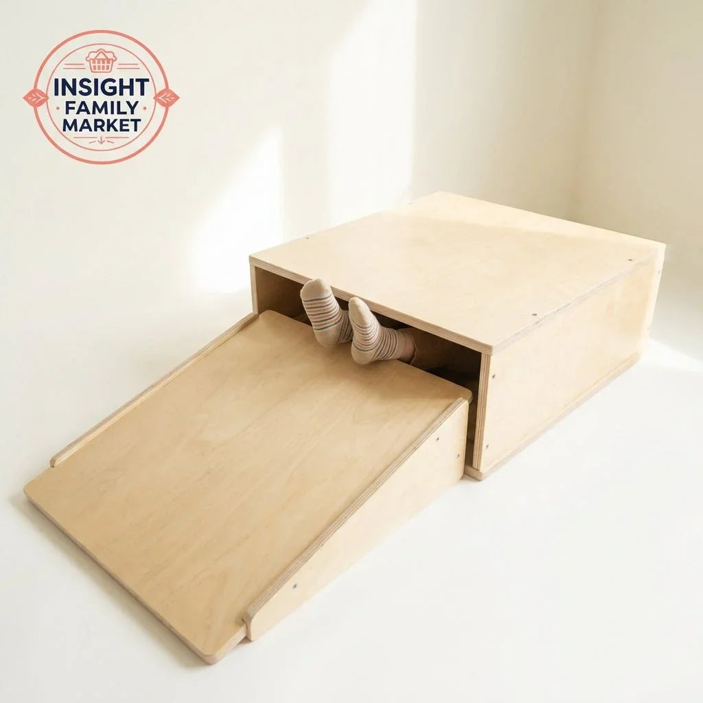 Child wearing striped socks crawling inside sensory-friendly wooden play box with ramp