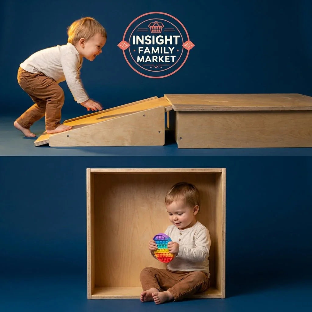 Toddler climbing sensory play ramp and playing with fidget toy, wooden sensory equipment
