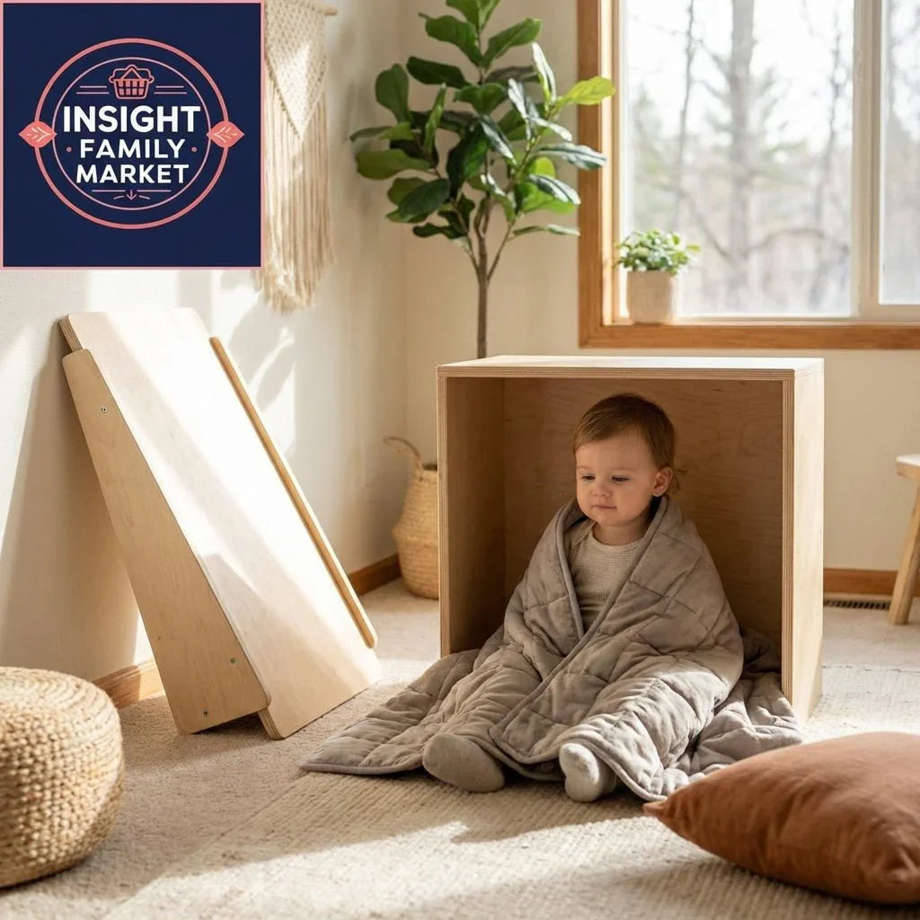Young child with sensory-friendly blanket sitting in cozy wooden box in calm, natural playroom.