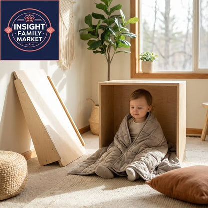 Young child with sensory-friendly blanket sitting in cozy wooden box in calm, natural playroom.