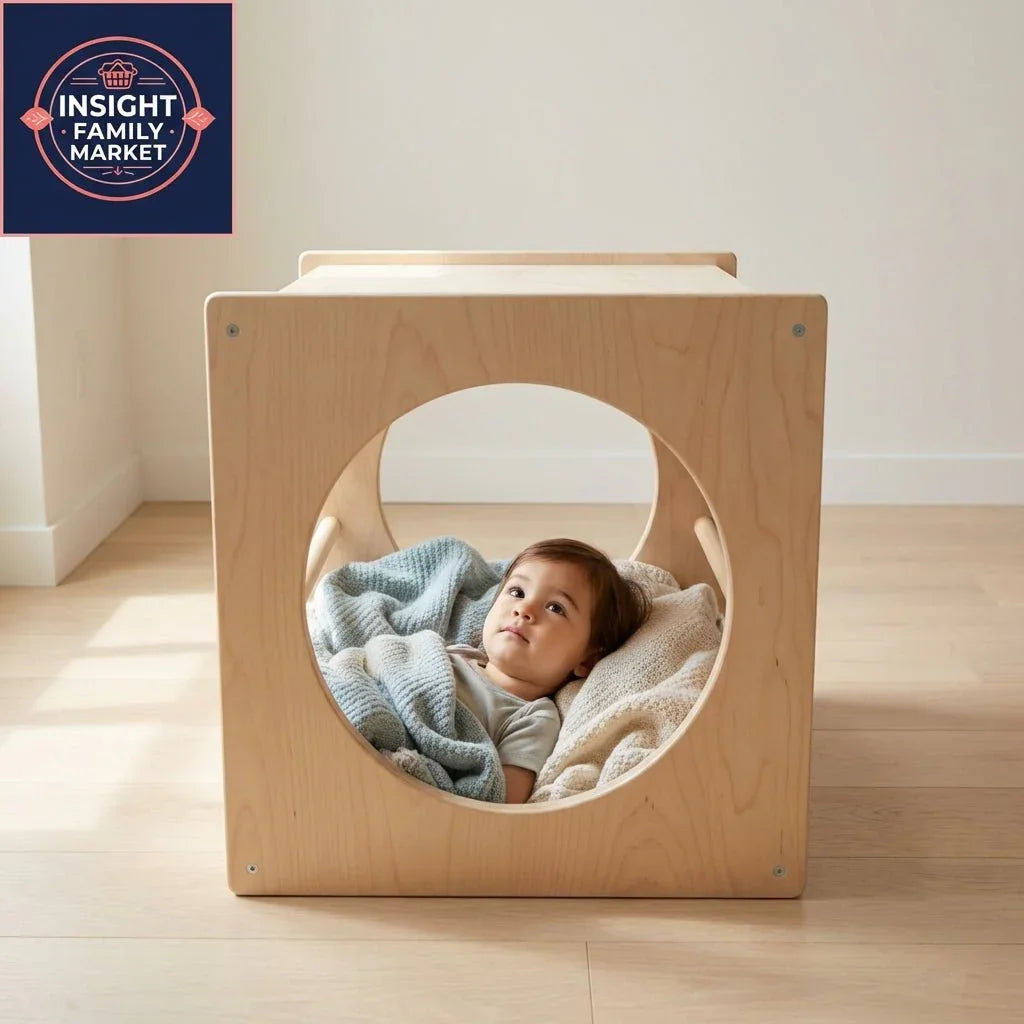 Child resting in wooden sensory play cube with cozy blankets in a bright, minimalist room