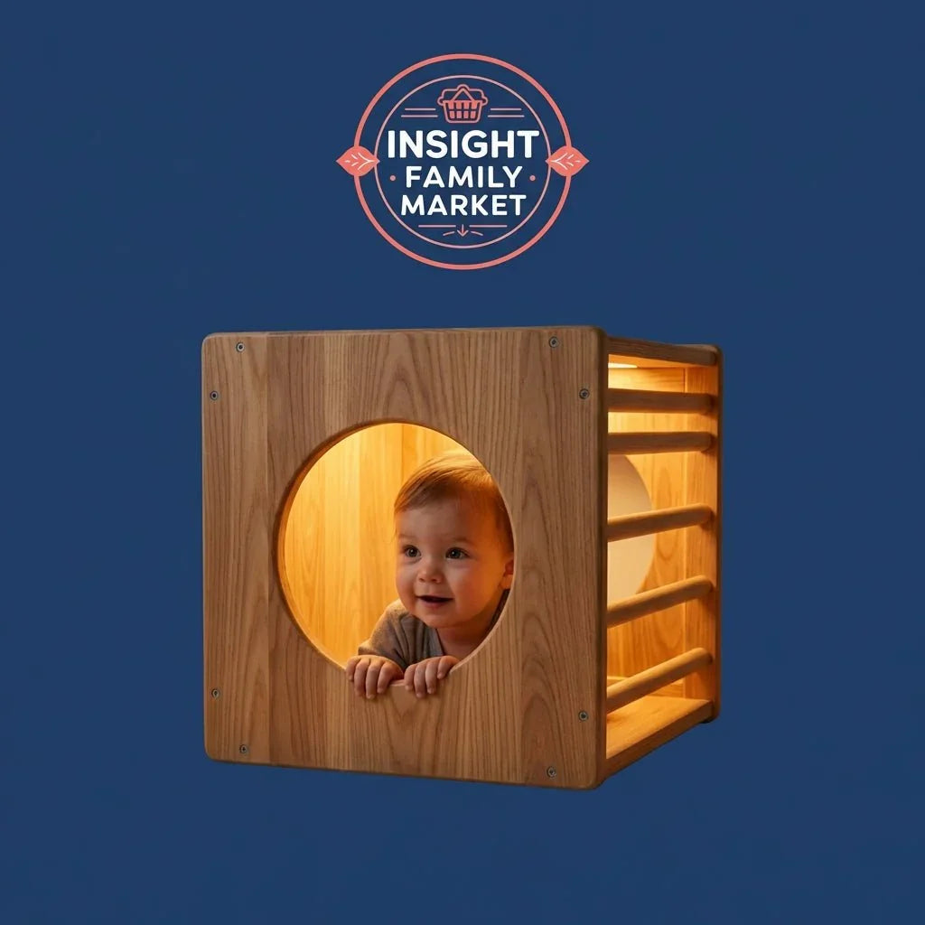 Smiling baby inside wooden sensory play cube with circular window on blue background
