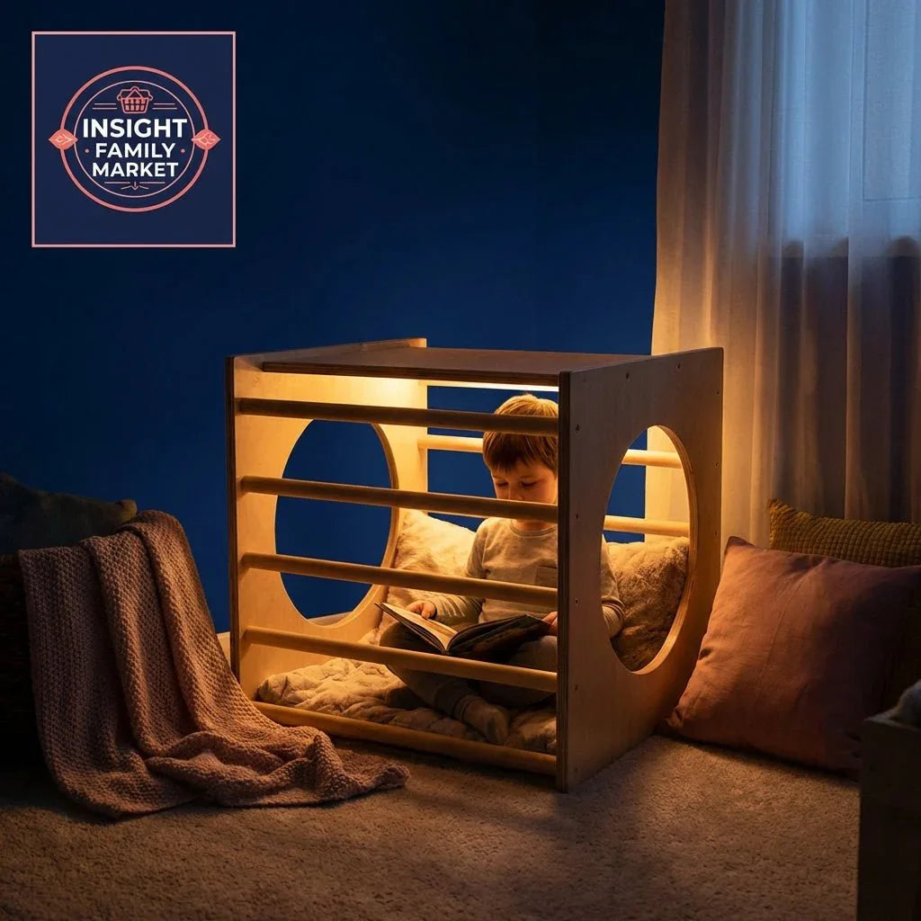 Child reading inside a wooden sensory nook with cozy lighting and cushions in a calm room