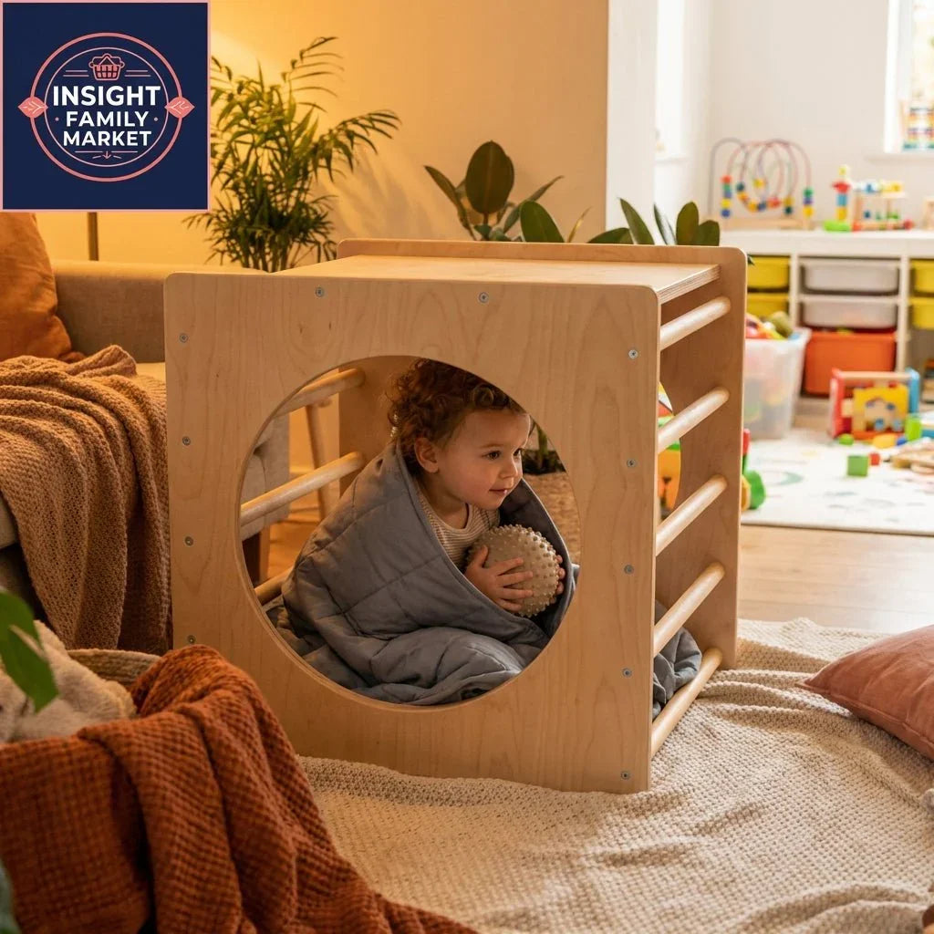Child in sensory-friendly play space with wooden cube, weighted blanket, and tactile toy