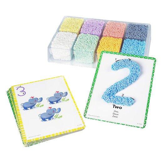 Tactile number flashcards and colorful sensory foam for multi-sensory learning activities