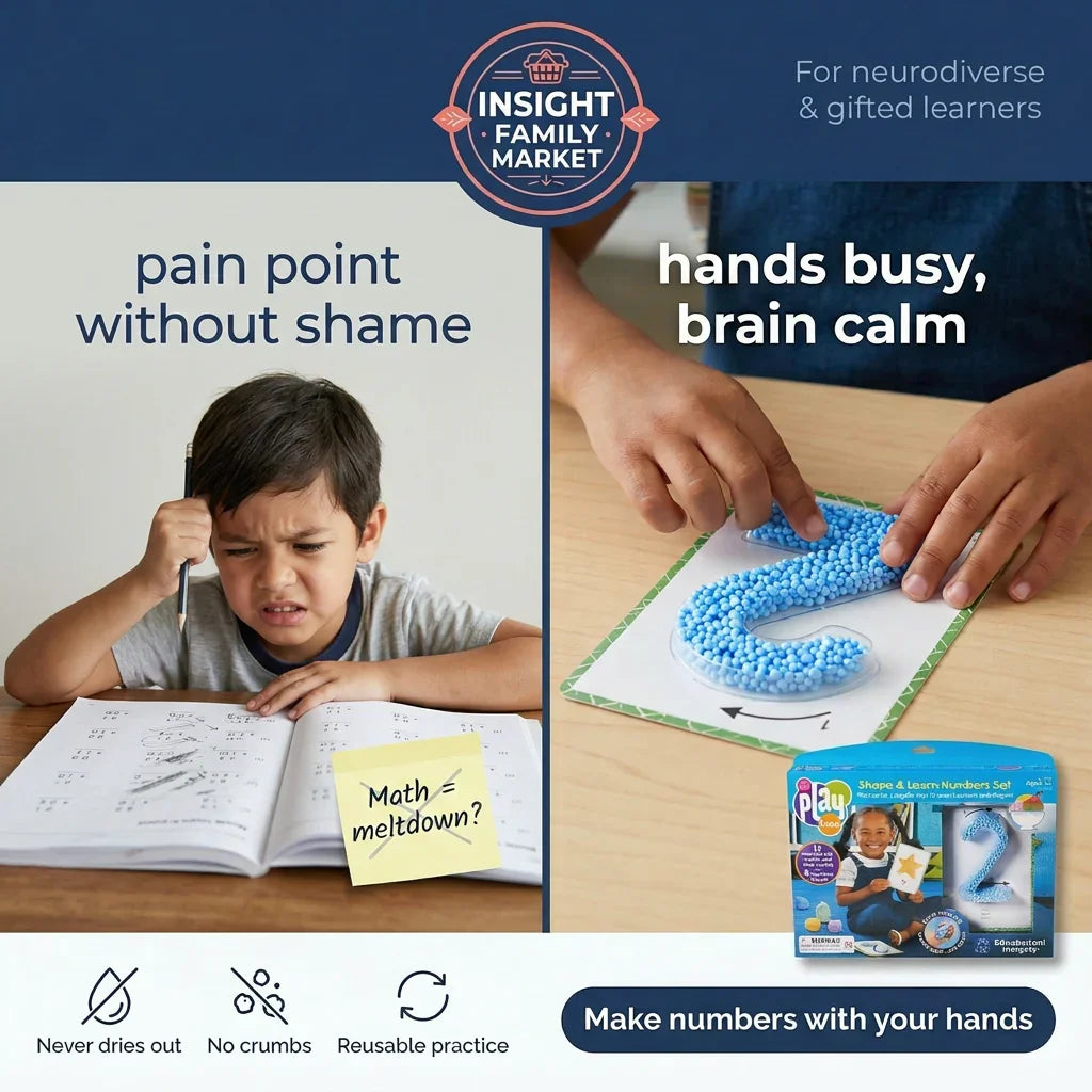 Two images showing a child with a math meltdown and hands busy with a toy, with text about Insight Family Market and product features.