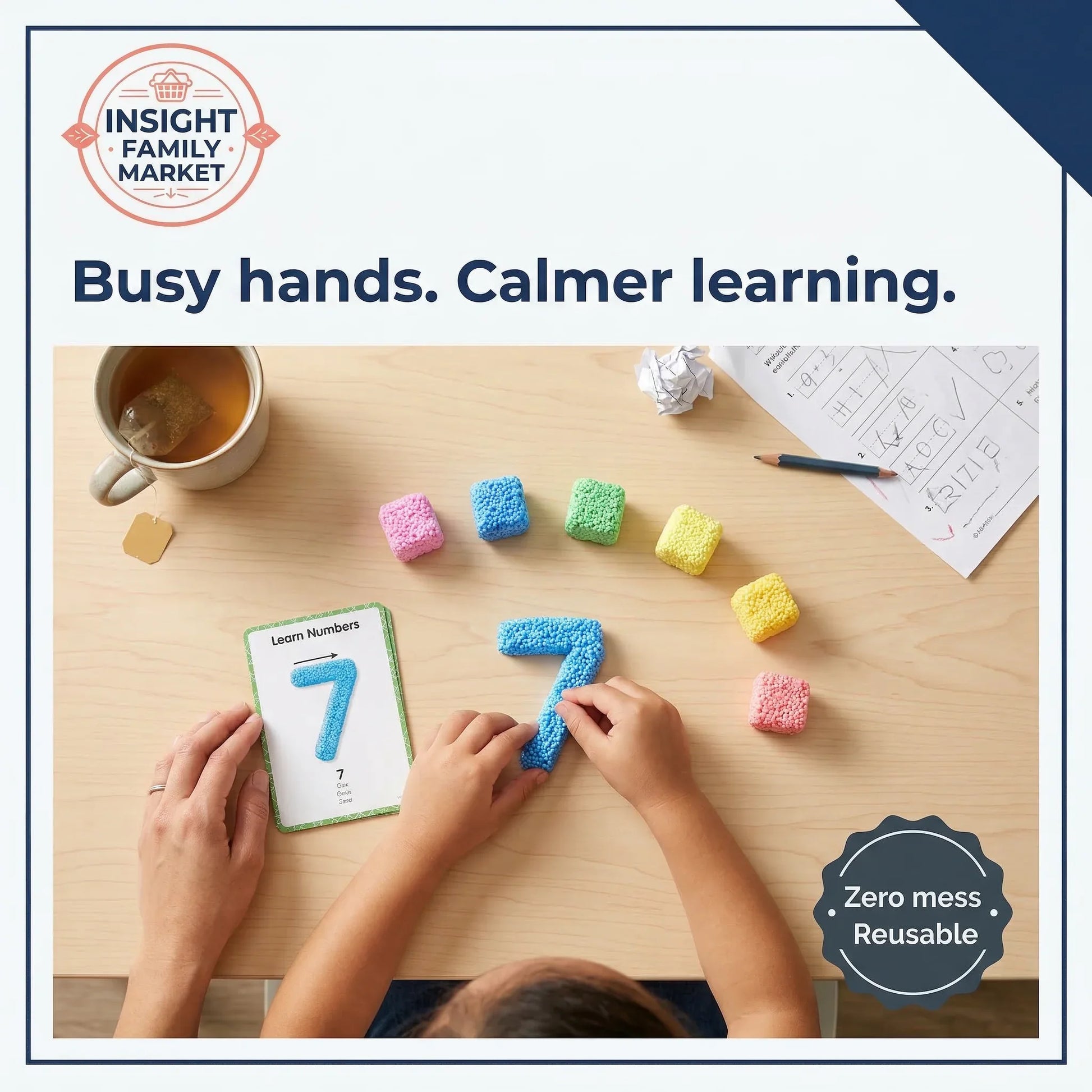 Child playing with colorful learning toys on a table, with 'Insight Family Market' branding.