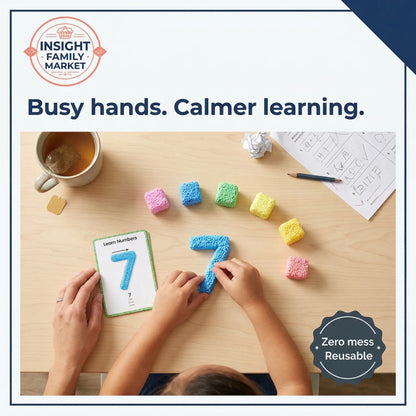 Child playing with colorful learning toys on a table, with 'Insight Family Market' branding.