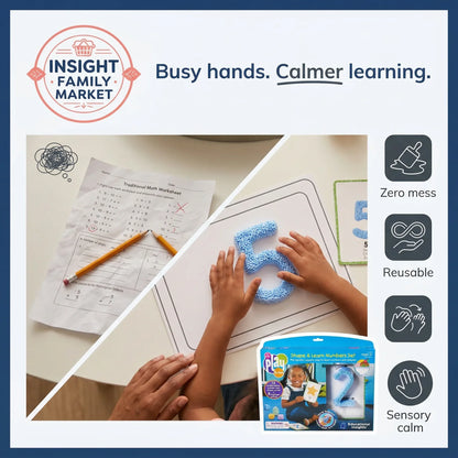 Children's educational activity with numbers and pencils, featuring Insight Family Market branding.
