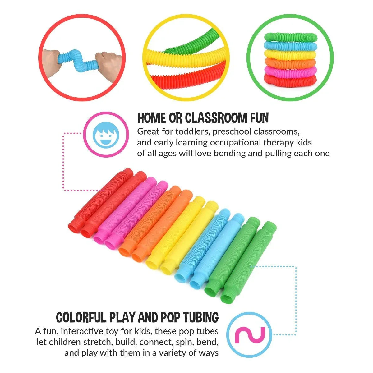 Colorful sensory pop tubes for kids, ideal for stretching, bending, fidget toy play and therapy.