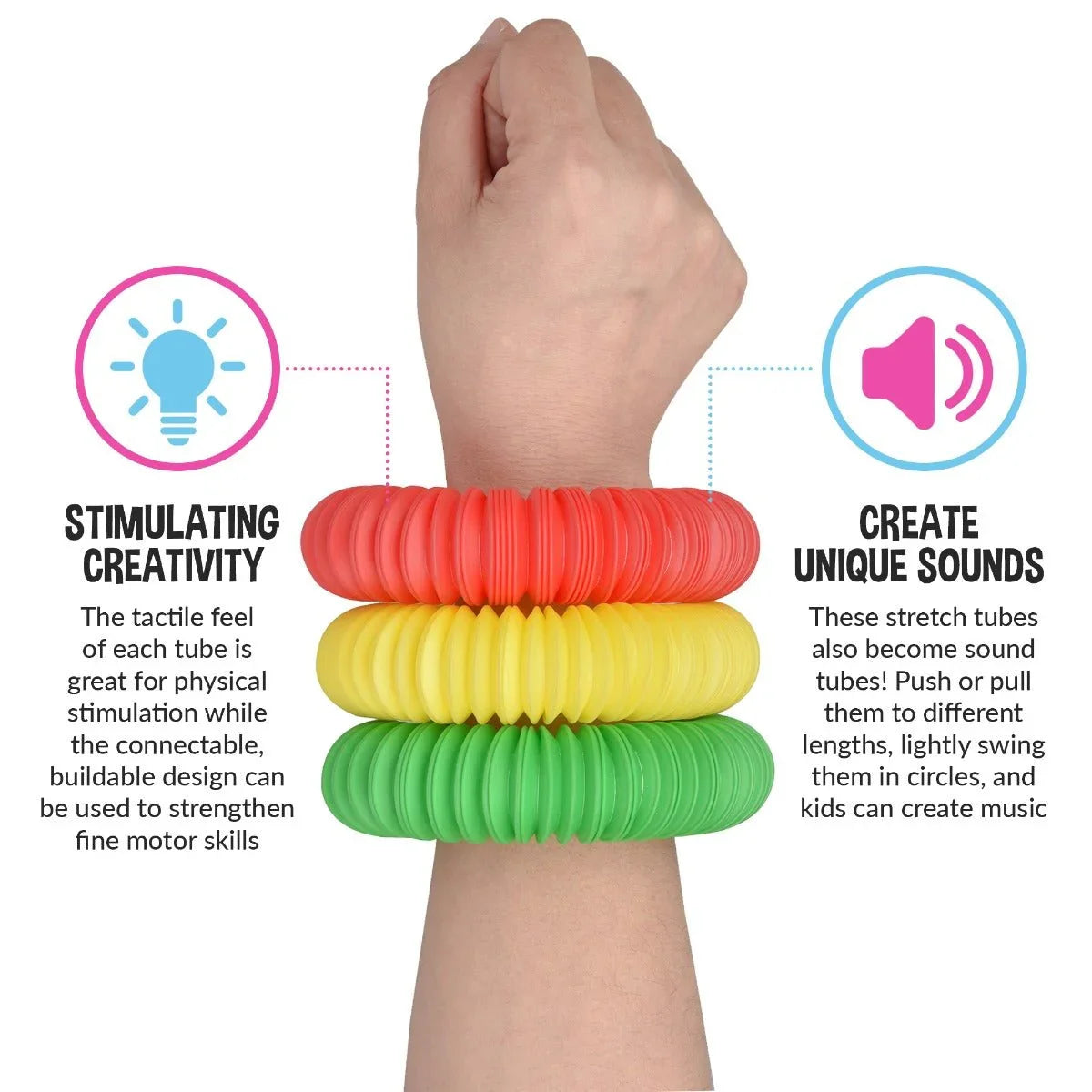 Colorful sensory stretch tube bracelets on wrist, tactile fidget toy for kids