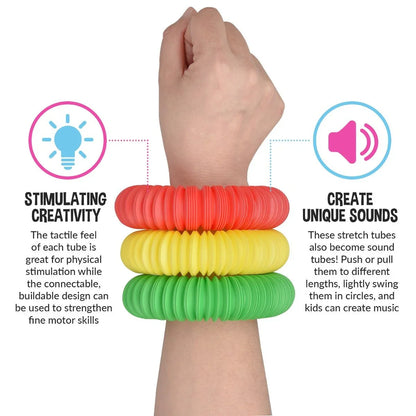 Colorful sensory stretch tube bracelets on wrist, tactile fidget toy for kids