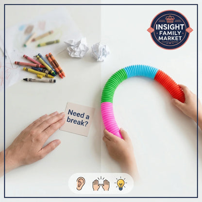 Child with colorful sensory fidget tube and scattered crayons, supporting focus and calm