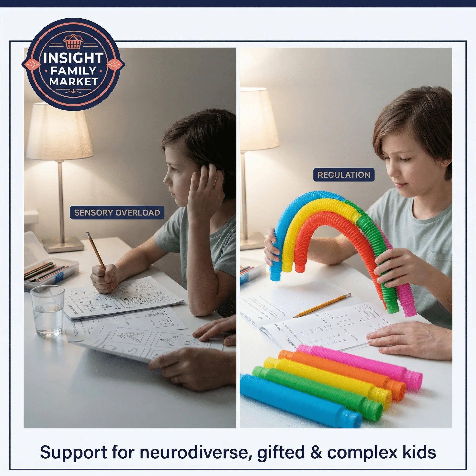 Child at desk showing sensory overload while doing homework, then using colorful sensory tubes for regulation, supporting focus and calm for neurodiverse, gifted and complex kids.