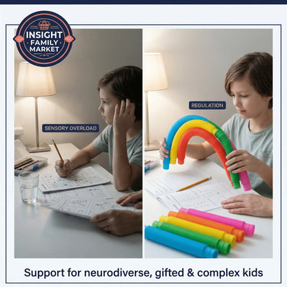 Child at desk showing sensory overload while doing homework, then using colorful sensory tubes for regulation, supporting focus and calm for neurodiverse, gifted and complex kids.