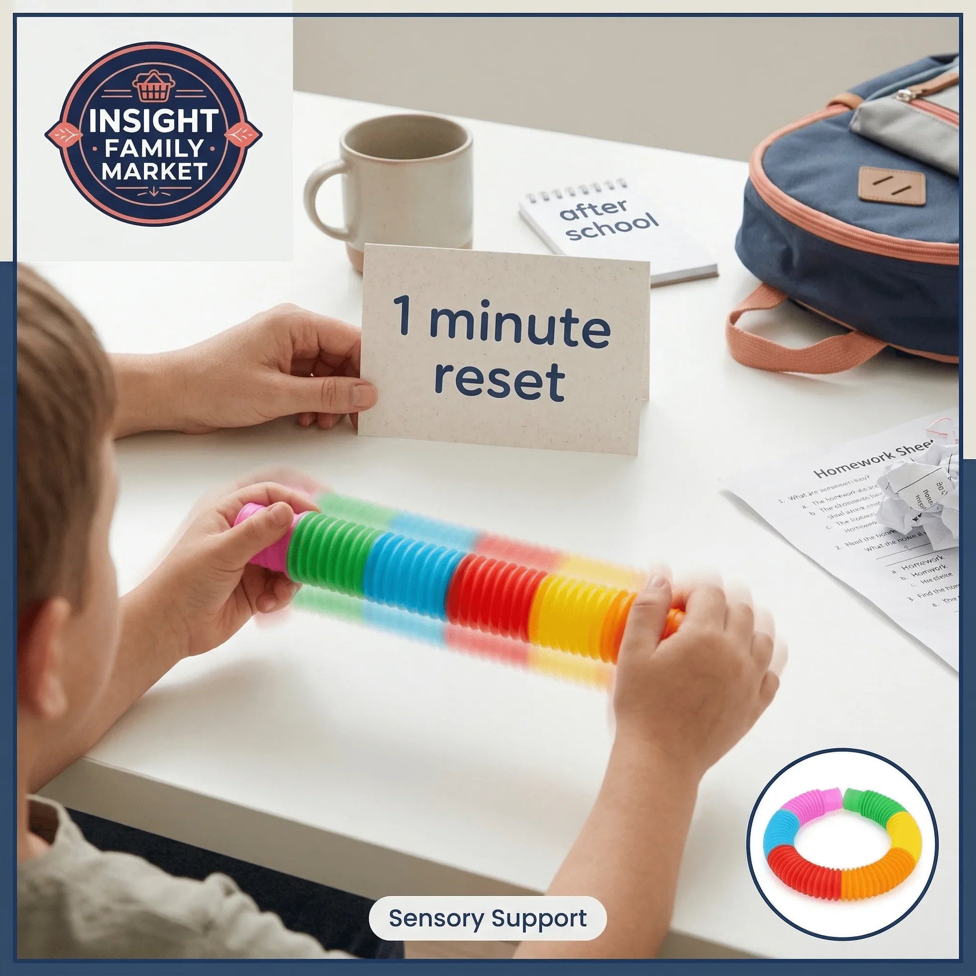 Child using rainbow sensory toy at desk, holding '1 minute reset' card, school supplies visible.