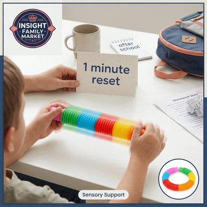Child using rainbow sensory toy at desk, holding '1 minute reset' card, school supplies visible.
