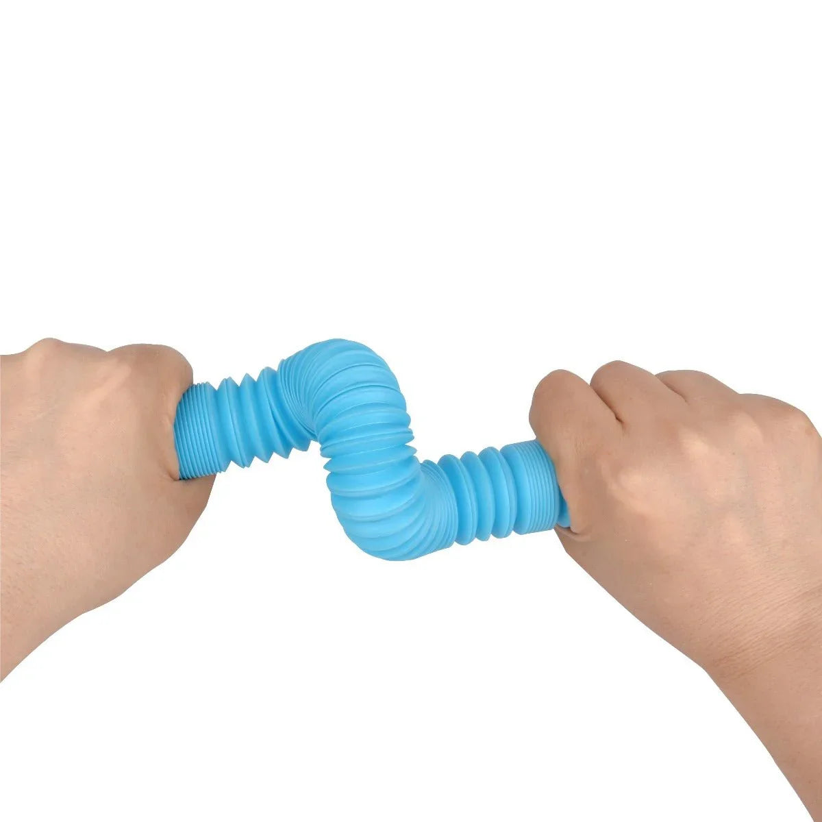 Hands twisting a blue sensory fidget tube for autism and ADHD focus support