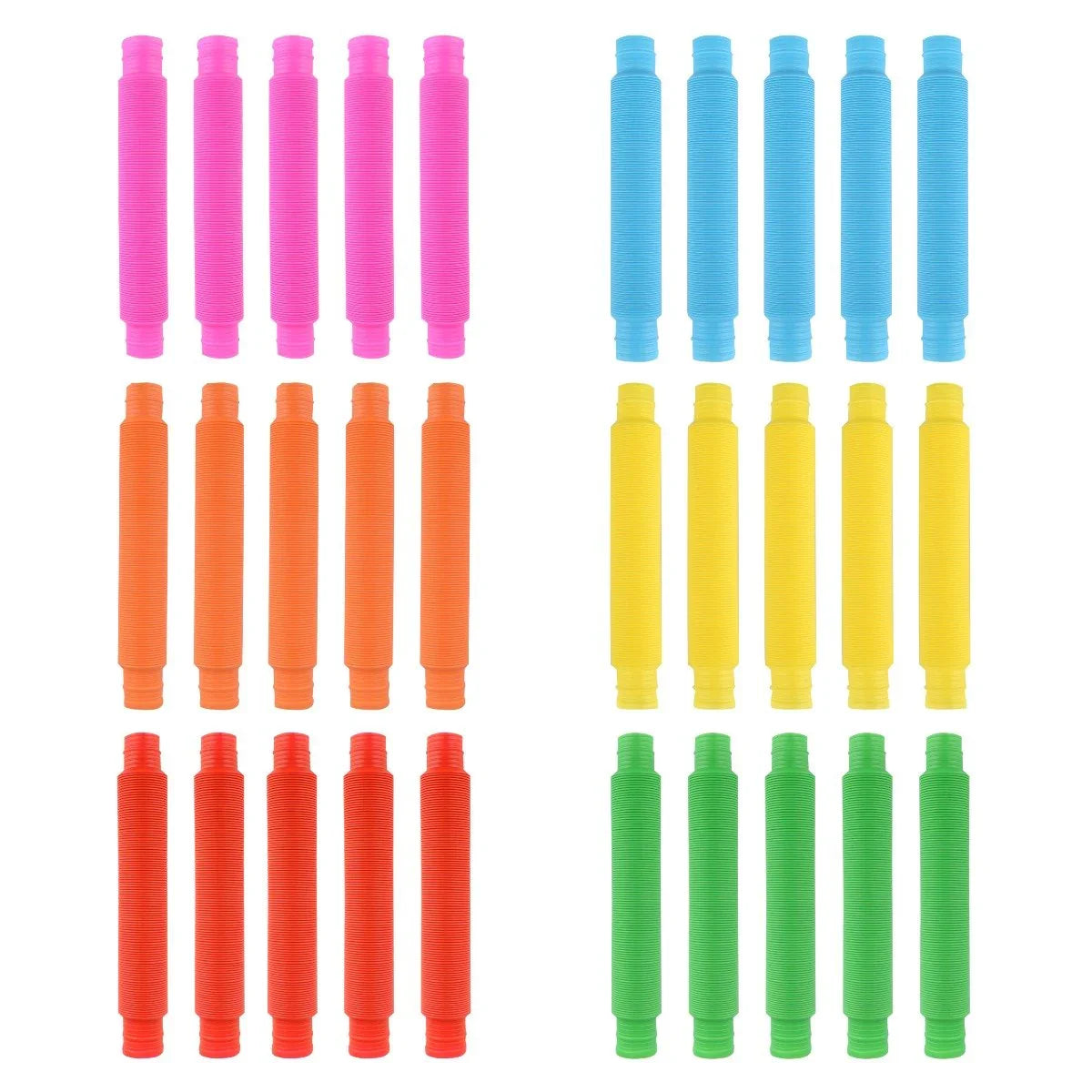Set of colorful sensory pop tubes in pink, blue, orange, yellow, red, and green.