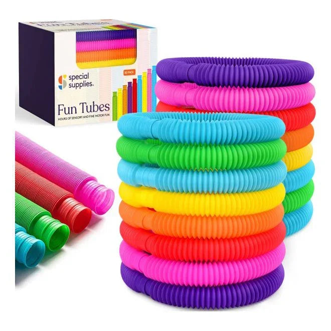 Colorful sensory fidget tubes for kids, used for ADHD and autism support.