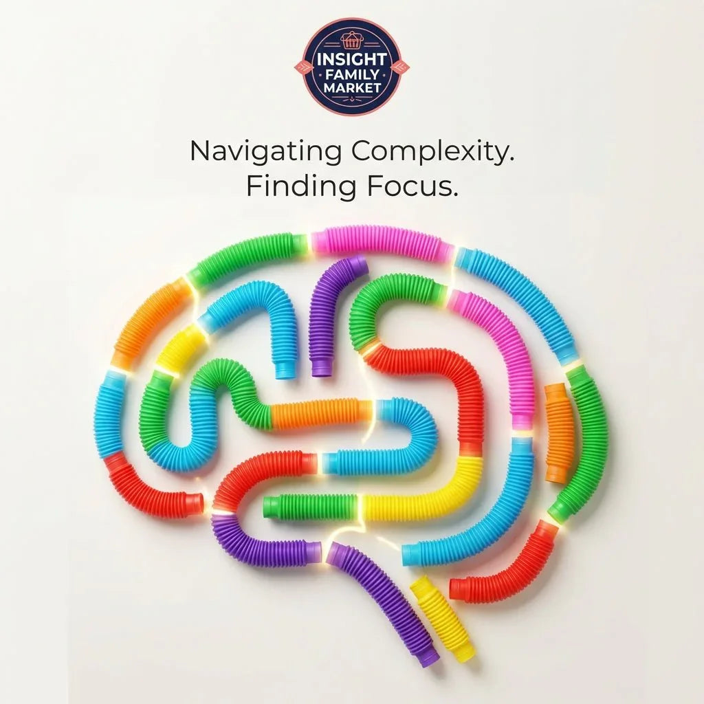 Colorful sensory tubes arranged in a brain shape, symbolizing focus and complex thinking support.