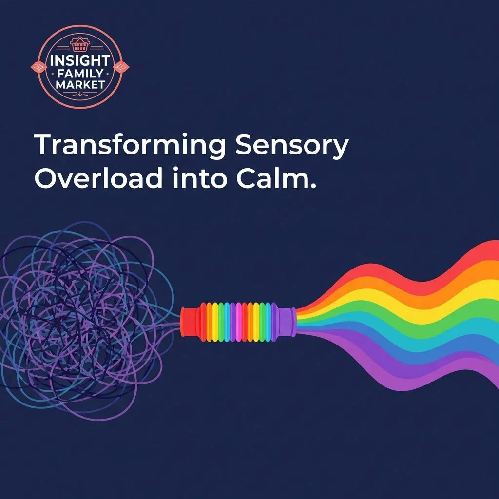 Illustration of tangled lines transforming into rainbow waves with sensory tool, sensory solutions theme.