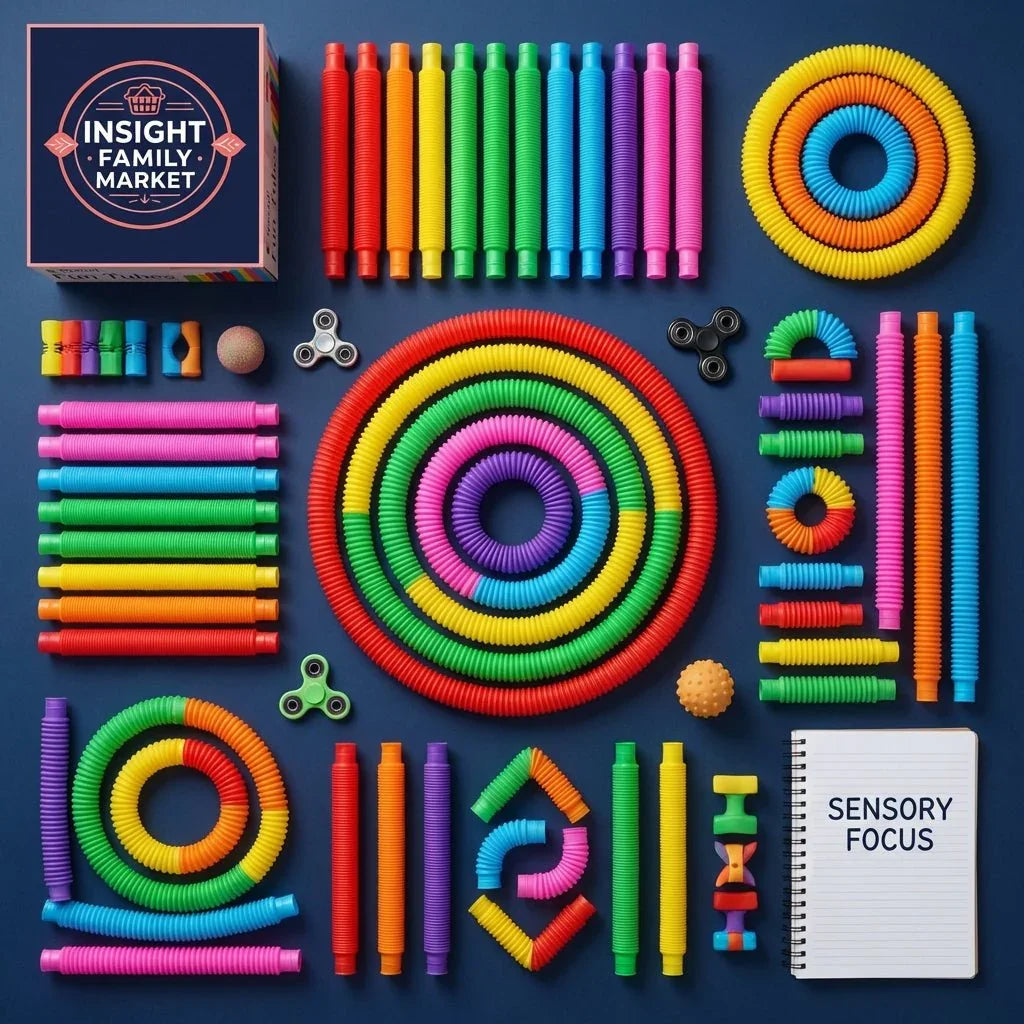 Colorful sensory fidget tubes, spinners, and textured toys arranged for focus and calm
