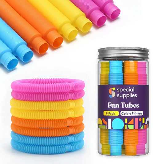 Colorful sensory pop tubes for kids, shown stacked and in a clear storage container.
