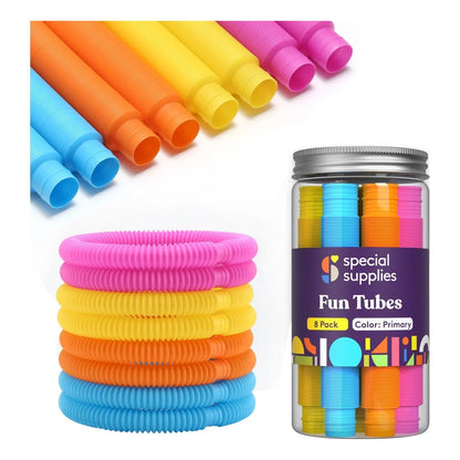 Colorful sensory fidget pop tubes in blue, yellow, orange, and pink with storage jar