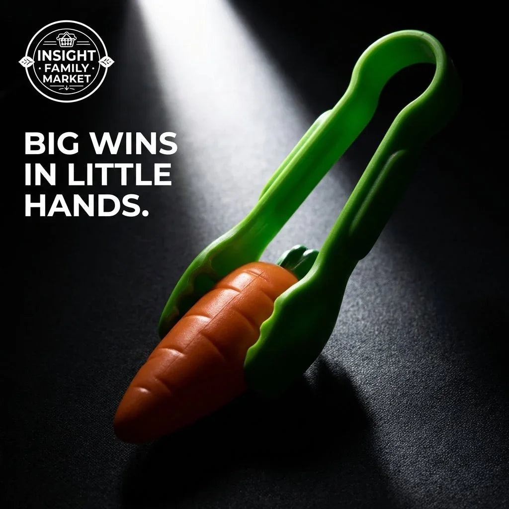 Children’s green tongs gripping a toy carrot, sensory fine motor skill tool on dark background.