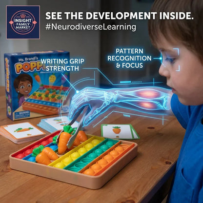 Child playing with educational pop toy for neurodiverse learning, using grip strength and focus.