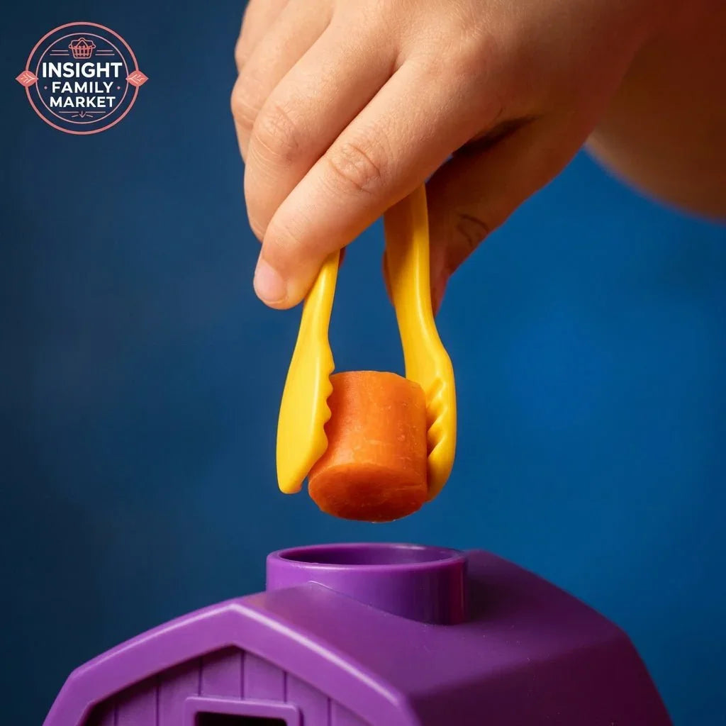 Child using yellow tongs to place carrot in purple toy, fine motor skills activity
