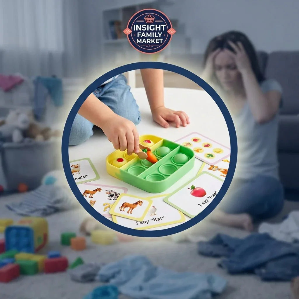Child playing with educational sensory toy and animal flashcards, scattered toys in background