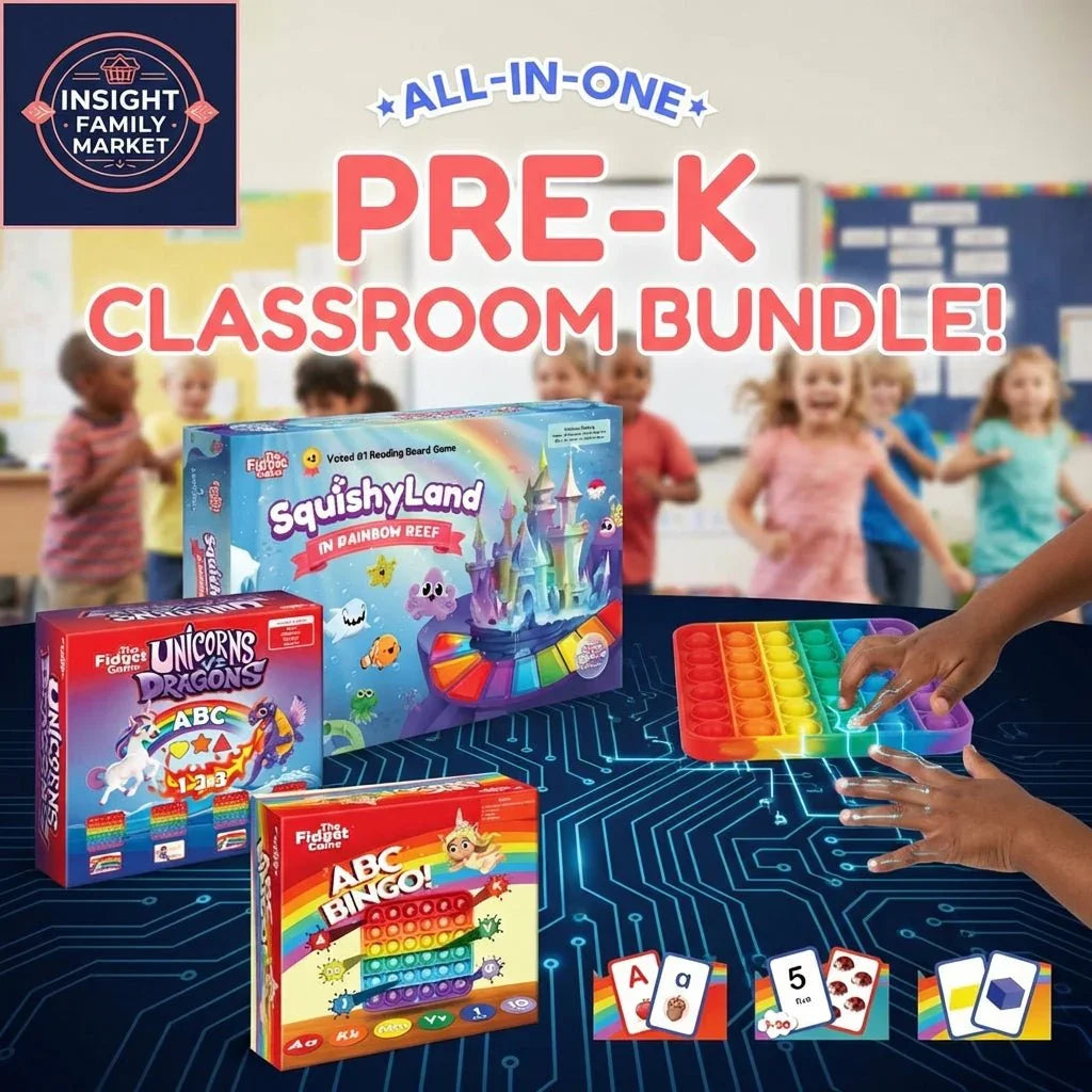 Pre-K classroom bundle with educational games, sensory pop toy, and children in background